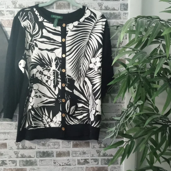 Ralph Lauren Black and White Botanical Cardigan Sweater - Picture 1 of 5